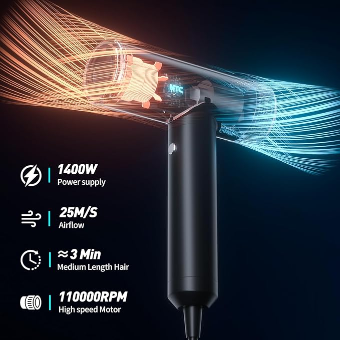 Professional High Speed Ionic Hair Dryer | Ultra-Fast Drying | Low Noise | 110000 RPM |Metal Body |Household Travel| Compact Blow Dryer with Magnetic Diffuser for Faster Drying All Hair Types