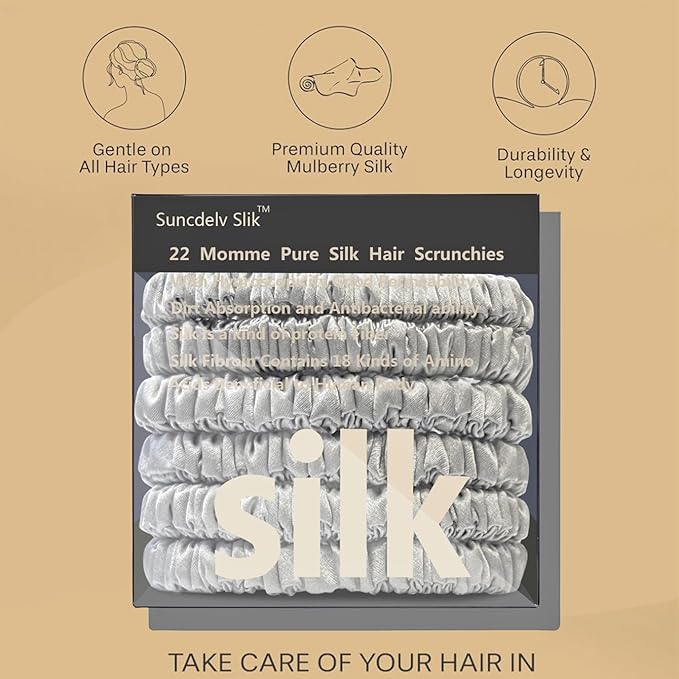 Suncdelv Silk,100% Silk Scrunchies for Hair,22 Momme Hair Ties for Anti-Crease & Breakage,Natural Women Hair Accessories，Fashion Hairbands 6PCS（Silver Grey）