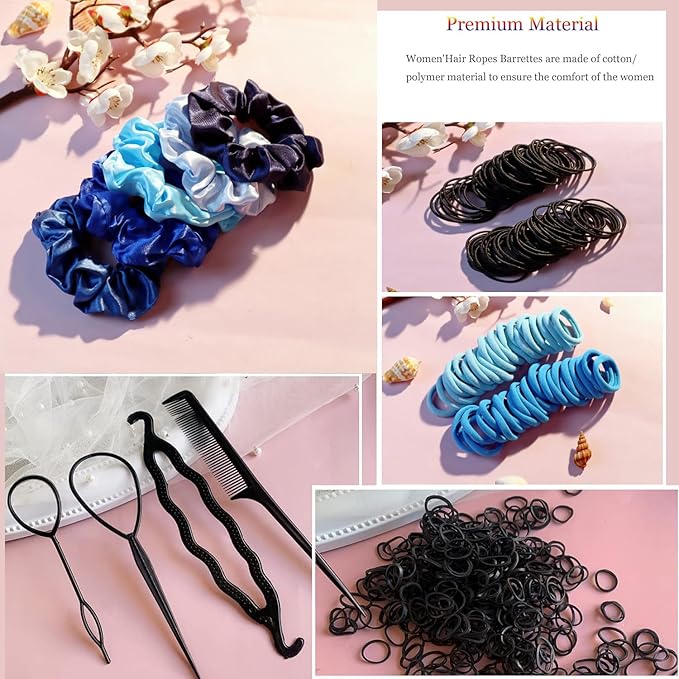 YANRONG 755PCS Hair Accessories for Woman Set Seamless Ponytail Holders Variety Hair Scrunchies Hair Bands Scrunchy Hair Ties For Thick and Curly (755PCS (Treasure Blue))