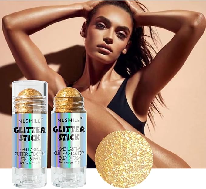 Gold Body Glitter Stick, Long Lasting Moisturizing Body Glitter for Women, Multi-Use Highlighter Makeup, Sparkling Face Glitter Mermaid Makeup for Kids, Travel Size for Daily, Festival, Party