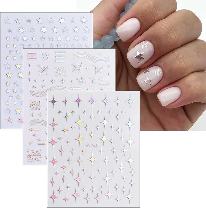 12 Sheets Aurora Nail Stickers Moon Star Nail Art Stickers Aurora Nail Decals Glitter 3D Self Adhesive Holographic Nail Design Heart Nail Art Supplies DIY Manicure Decorations for Women