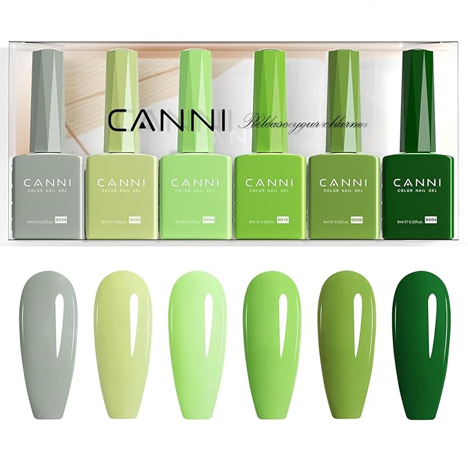 CANNI 6Pcs 9ml Emerald Green Gel Nail Polish Set- Dark Sage Forest Green Gel Polish Kit Lime Olive Forest Colors DIY at Home Salon Christmas New Year's Gifts for Girls