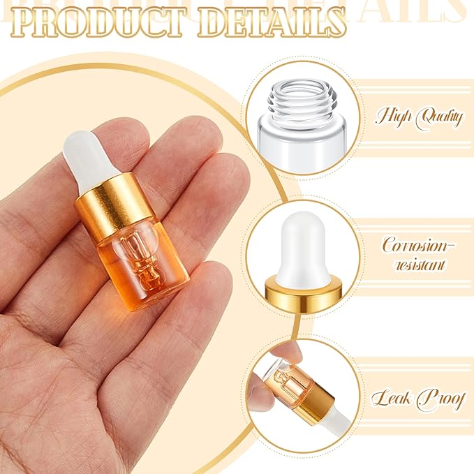 200 Pcs Mini Glass Oil Dropper Bottle Bulk, Clear Essential Small Empty Bottles Sample Containers Perfume Liquid Vials with Cap for Traveling (2 ml,Gold)