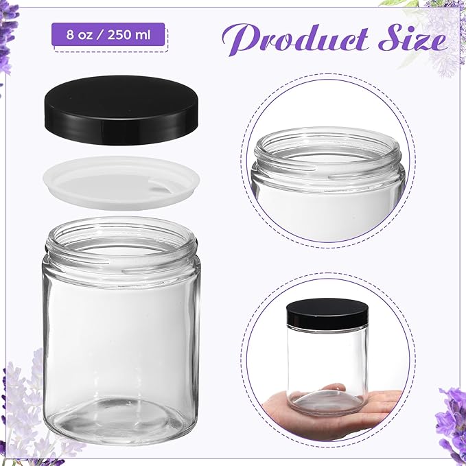 24 Pcs 8 oz Glass Jars with Lids, Clear Candle Jars with Black Lids Round Empty Candles Container Tins for Candle Making Storing Lotions Spice Powder Liquid Sample Makeup (Clear)