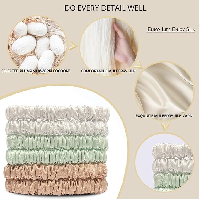 Suncdelv Silk,100% Silk Scrunchies for Hair,22 Momme Hair Ties for Anti-Crease & Breakage,Natural Women Hair Accessories，Fashion Hairbands 6PCS (White, Light Green, Rubber Red)