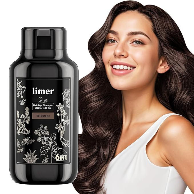 Limer Hair Dye Shampoo, Dark Brown 6-in-1 Natural Herbal Hair Color Shampoo, Semi-Permanent Gray Coverage with Pleasant Scent, Ammonia-Free Formula for Women & Men (460ml/15.55fl oz)