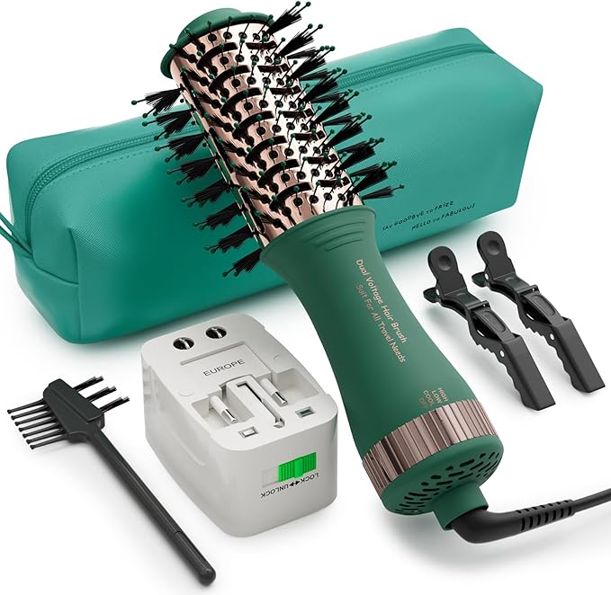 Dual Voltage Travel Hair Dryer Brush Mini Hot Air Hair Styling Tool, 110-240V European Oval Shape Jet Brush, 2 Inch Lightweight Design & Universal Plug, Easy Pack Worldwide
