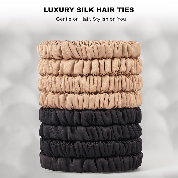 8Pcs Silk Scrunchies Hair Ties for Women & Girls, Mulberry Silk Scrunchies No-Damage Thin Satin Ponytail Holders for Hair Care