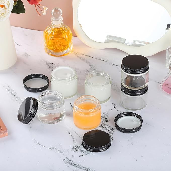 24 Pack 2oz Clear Glass Jars Small Glass Containers with Black Metal Lids Empty Cosmetic Jars with Inner Liners and Lids Clear Glass Lotion Jars with Labels for Traveling