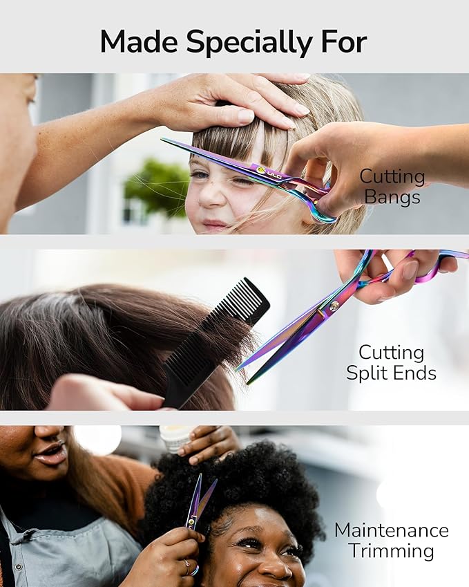 ULG Professional Hair Scissors Kit Right-Hand Razor Edge Barber Scissors Salon Hair Cutting Shears Made of Japanese Stainless Steel, Hand Sharpened 6.5 inch Rainbow