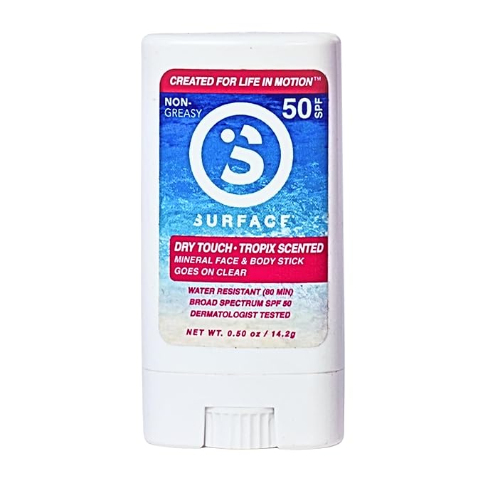 Surface Mineral Face Sunscreen Stick, Dry Touch SPF 50, Broad Spectrum UVA UVB Sun Protection for Kids and Adults, Travel Friendly, Water Resistant for 80 Minutes, Tropical Scent, 0.5oz