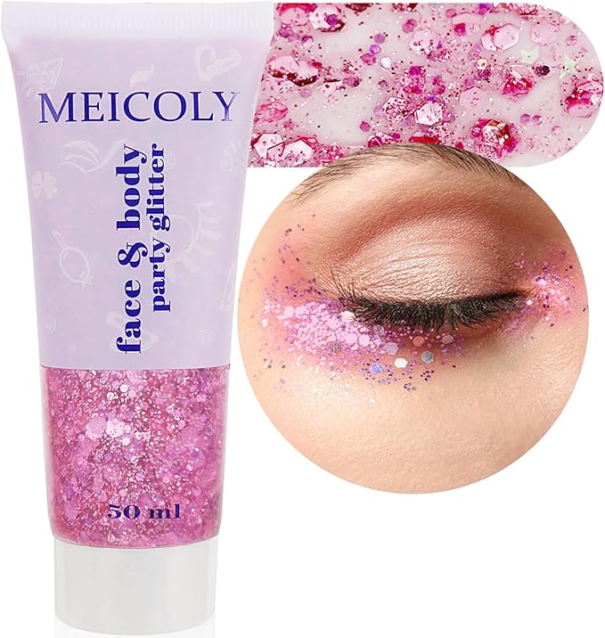 MEICOLY Pink Face Glitter,Pink Body Glitter,Sparkly Hair Glitter,Pink Accessories for Spirit Week,Singer Concerts Lover Heart Halloween Glitter Makeup,Mermaid Glitter Face Paint