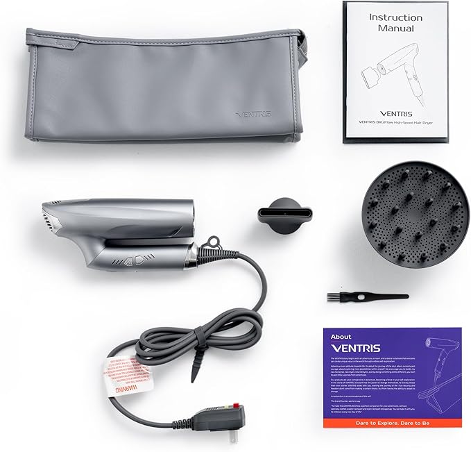 VENTRIS 1400W High-Speed Ionic Hair Dryer, Fast-Drying Lightweight Low-Noise Blow Dryer with Magnetic Diffuser & Concentrator, Cold Shot Button, BlitzFlow Series, Ethereal Gray