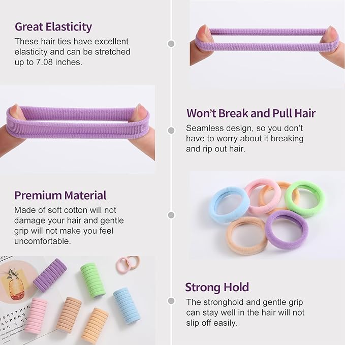 100 Pcs Thick Seamless Hair Ties, Ponytail Holders Hair Accessories No Damage for Thick Hair Christmas Gift(Candy Colors)