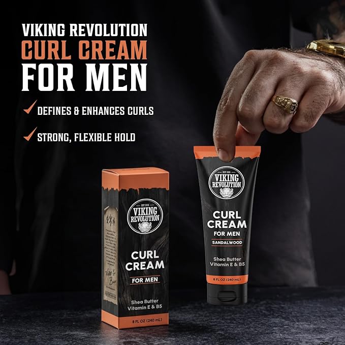 Viking Revolution Hair Curl Cream for Men - Sandalwood Curling Cream with Vitamin E & B5, Shea Butter - Styling Cream for Curly Hair to Enhance, Define and Shape Natural Curls and Wavy Hair (8fl oz)