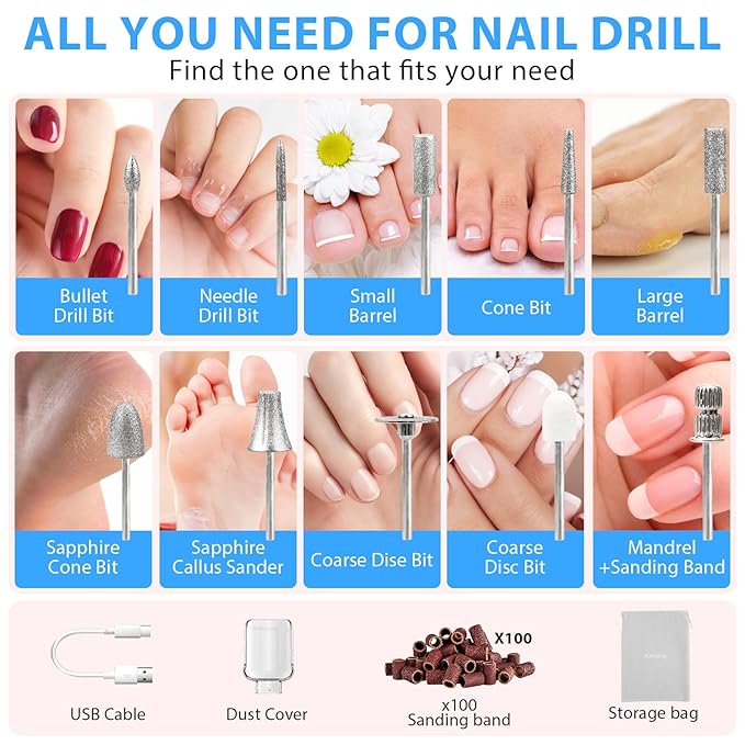 Professional Manicure Pedicure Kit, Cordless Electric Nail File Set, 360° LED Light Nail Drill Machine with LCD Display, 10 Speeds Rechargeable Nail Drill for Gel Nail Thick Toe Nails Christmas Gifts