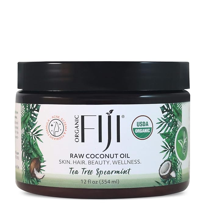 Organic Fiji Raw Cold Pressed Coconut Oil for Hair, Skin, Face & Body | Relaxing Massage Oil | Tea Tree Spearmint,12 oz for Women Men & Baby