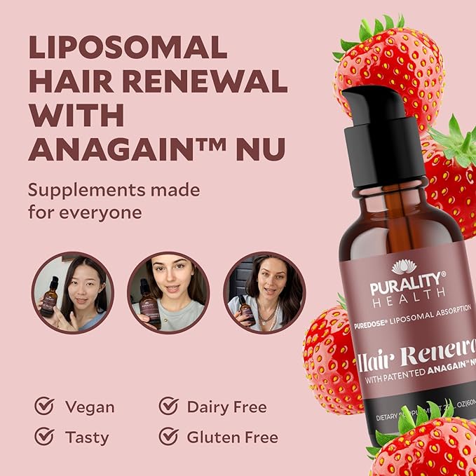 Purality Health Liposomal Hair Renewal, AnaGain Nu & Biotin, Supports Thicker, Fuller Hair, May Reduce Shedding & Promote Regrowth, Highly Absorbable Liquid Formula, Strawberry Flavor, 30 Servings