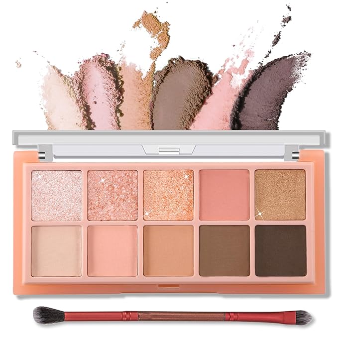 Erinde 10 Colors Eyeshadow Palette Makeup - Matte Shimmer Glitter Eye Shadow Korean Makeup, Ultra-Blendable, High Pigmented, Natural-Looking, Peach Brown Eyeshadow Pallet with Brush, Peach Color