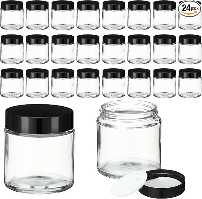24 Pcs 4 oz Glass Jars with Lids, Clear Candle Jars with Black Lids Round Empty Candles Container Tins Candle Making Storing Lotions Spice Powder Liquid Sample Makeup (Clear)