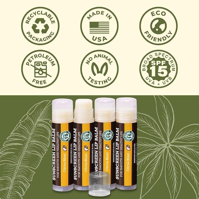 Earth's Daughter SPF Lip Balm 4-Pack Citrus Flavor Stocking Stuffers - Lip Sunscreen, SPF 15, Organic Ingredients, Beeswax, Coconut Oil, Vitamin E - Hypoallergenic, Paraben Free, Gluten Free