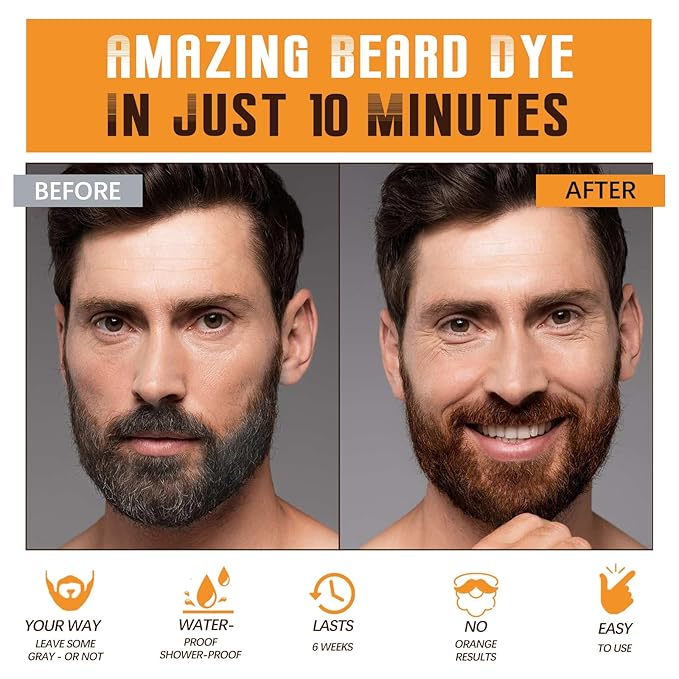 Mens Beard & Mustache Dye Shampoo, Instant 100% Grey Hair Coverage, 3 in 1 Brown Beard Color Shampoo for Men Facial Hair, Easy to Use & Dermatologist Tested, 200ML
