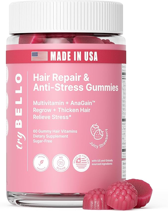 Trybello Hair Growth & Anti-Stress Gummies for Women | Powered by AnaGain — Plant-Based Biotin | Sugar-Free, Vegan Hair Supplements | Gluten-Free Gummy Vitamins for Thicker Healthier Hair | 60 Gummies