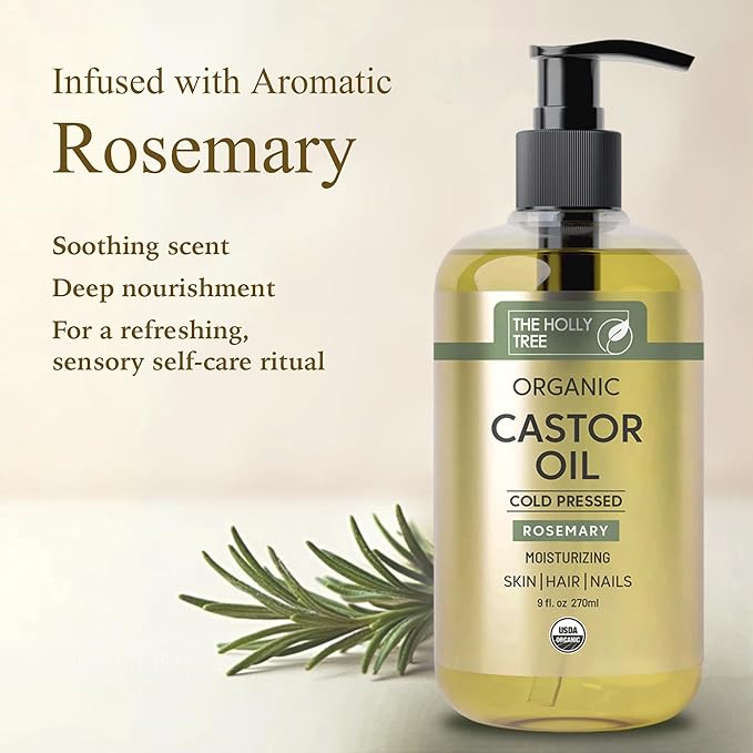 Organic Castor Oil 9 fl oz - Rosemary Infused Cold Pressed - 100% Pure & Hexane Free - Castor Oil for Hair Growth - Moisturizing & Nourishing for Face & Body - The Holly Tree