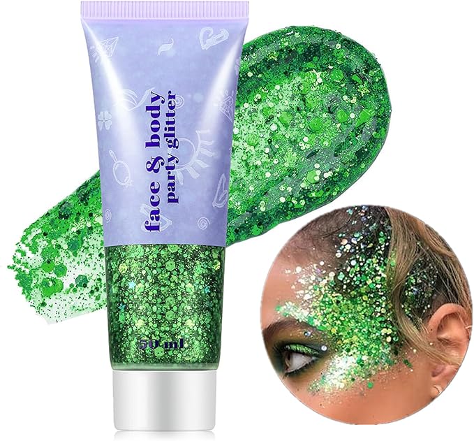 Go Ho Green Face Body Glitter,St Patricks Day Face Glitter Makeup,Green Face Paint Holographic Chunky Sequins Glitters for Eye Lip Hair Nails,Festival Rave Accessories,52g