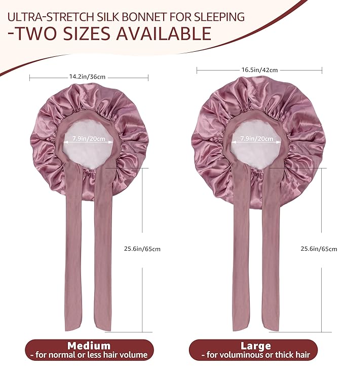 HiRui Silk Satin Bonnet for Sleeping Women, Double-Layer Sleep Cap Shower Cap with Adjustable Tie, Moisture Retaining Satin Lined Hair Bonnet for Curly and Natural Hair (Blush Pink/Pink, Medium)