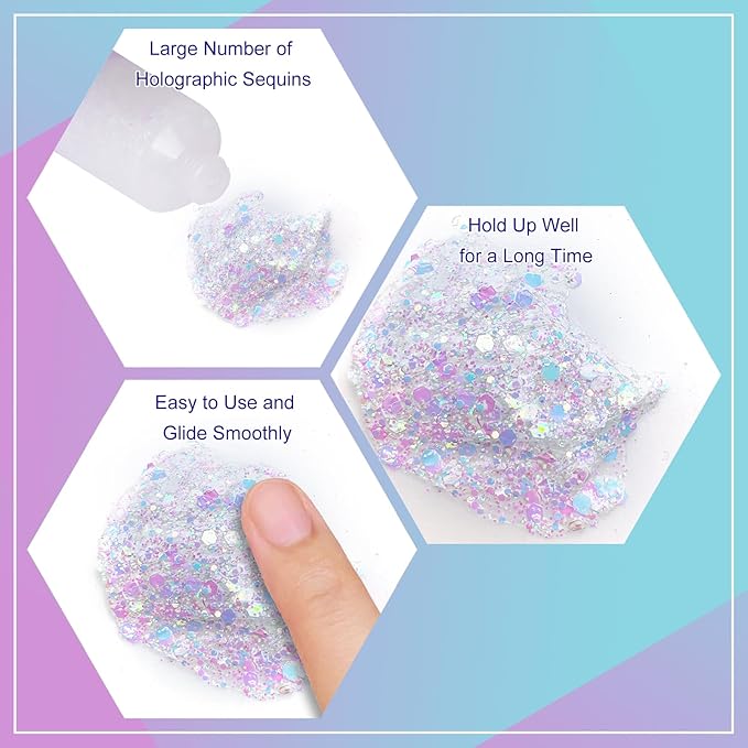 Iridescent White Face Glitter,Color Changing Mermaid Body Hair Glitter Gel,Chunky Glitter Face Paint,Sparkling Sequin for Face Body,Halloween Festival Party Chameleon Glitter Makeup,50ml