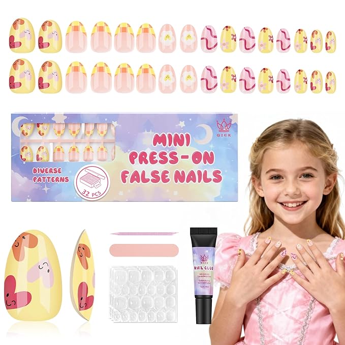 16 Sizes Press on Nails Kit for Kids - 32 Pieces French Almond Fake Nail Tips for Girls 8-12 Years Old with Jelly Nail Adhesives & No-Lamp Nail Glue, Birthday Christmas Gifts (Happy Smile)