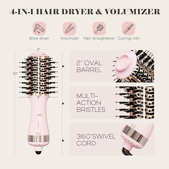 Dual Voltage Travel Hair Dryer Brush, Mini Hot Air Brush Styler & Dryer for European Travel, Hair Trends Nano Titanium 2 Inch One Step Hair Dryer and Styler Volumizer Oval Shape