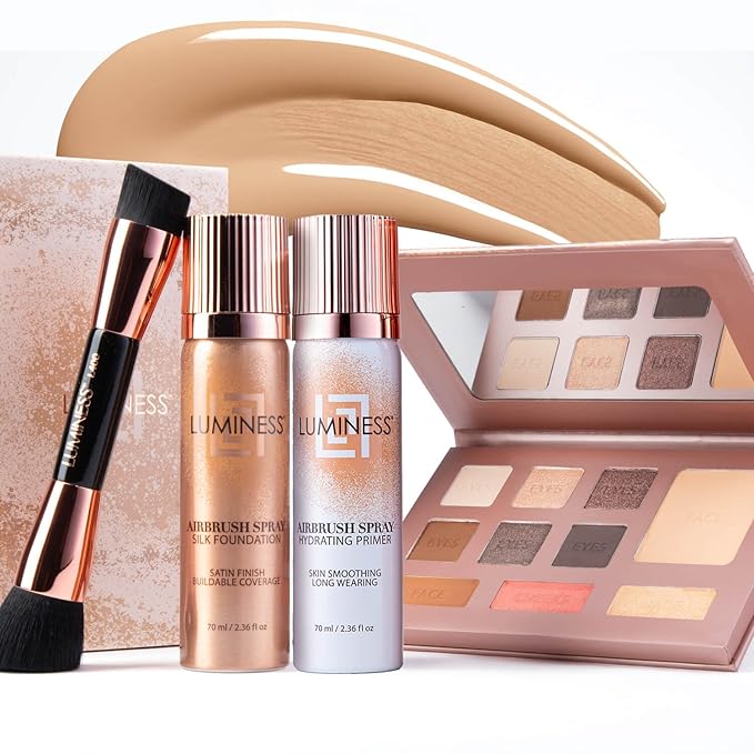 LUMINESS Complete Makeup Kit - Includes Face Palette, Airbrush Foundation, Primer and Brush - Silky, Long-Wearing, Easy to Blend, Perfect Makeup for Older Women, 4-PC Make Up Set (03 - Light Medium)