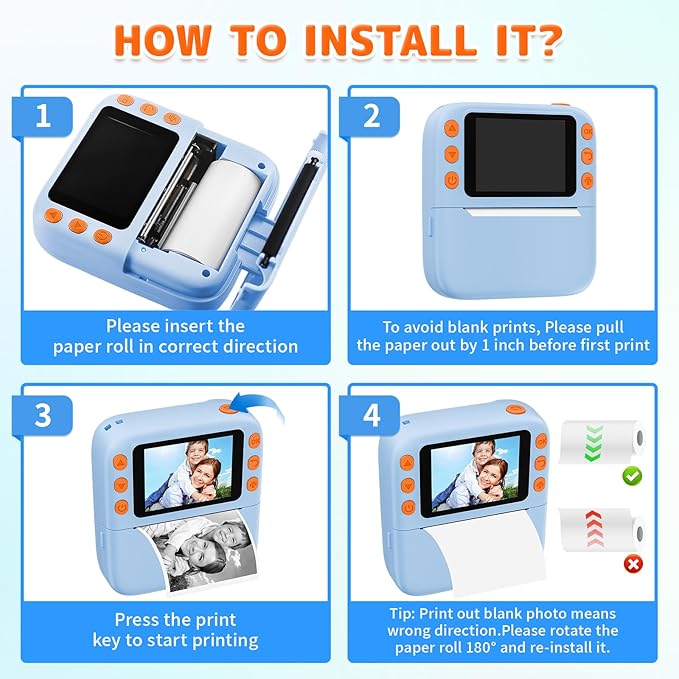 Instant Print Camera for Kids, Christmas Birthday Gifts for Girls Boys, 1080P Instant Digital Print Cameras for Toddler,Portable Toy for 4 5 6 7 8 9 10 Year Old Girl with 32GB SD Card，Light Blue