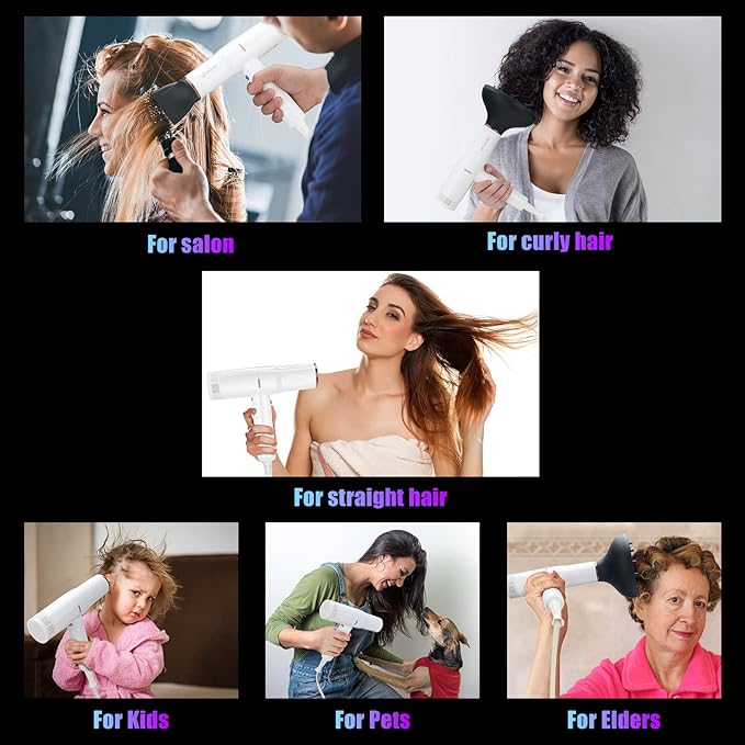 Hair Blow Dryer with Diffuser, IG INGLAM Professional High Speed Brushless Motor Negative Ion Low Noise Constant Temperature, 3 Heat Settings 3 Speeds and Cool Shot Brutton Powerful Ionic Hair Dryer