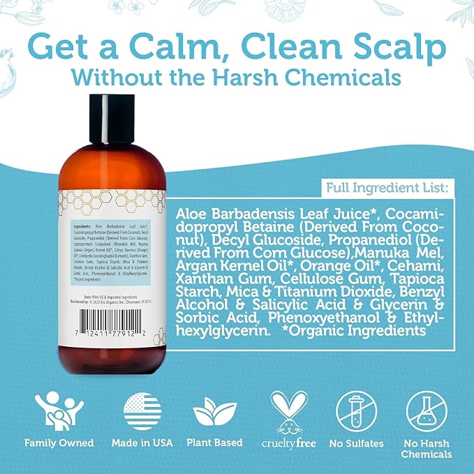 Era Organics Manuka Honey Dry Scalp Shampoo - Sulfate Free, Soothing and Moisturizing for Damaged Hair - Family Friendly for Women or Men