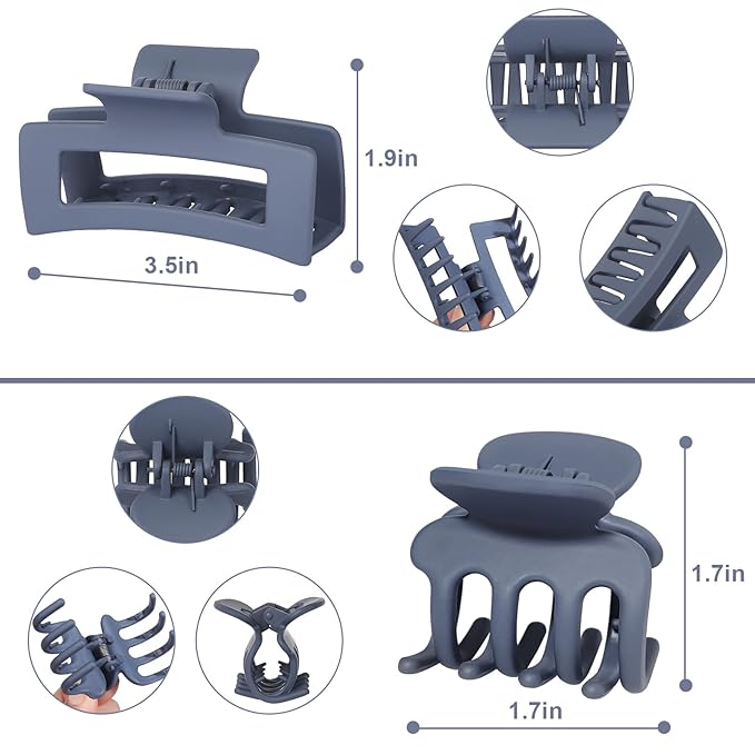 Medium Hair Clips for Women 8 Pcs Small Claw Clips for Thin and Thick Hair 2 Styles Hair Claw Clips Combination Rectangle Banana Jaw Hair Accessories for Women and Girls (Grey)