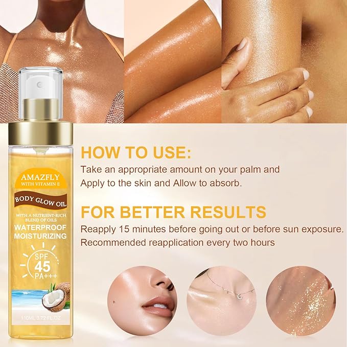 Body Glow Oil, SPF 45 PA+++, Sunscreen Body Oil with Gold Mica, Moisturizing Coconut with Vitamin E, Glow Moisturizer, Lightweight, Water Resistant, 3.72 fl oz,GOLD