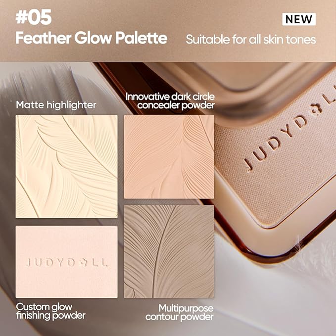 JUDYDOLL Highlight & Contour Palette, All-in-One Matte Highlighter Contour Compact, stocking stuffers, Blendable Makeup for Beginners, for All Skin Tones, Stocking Stuffers (05 Feather Glow Palette)