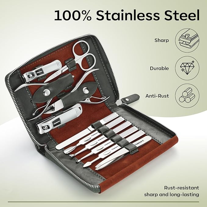 FAMILIFE Manicure Set, Professional Manicure Kit Nail Clippers Set 11 in 1 Stainless Steel Nail Pedicure Tools Kit Grooming Tool with Portable Green Leather Travel Case Luxury Gifts for Women and Men