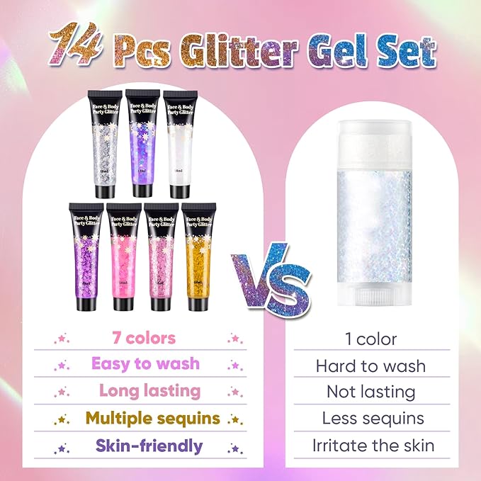 AROIC Kids Unicorn Hair Glitter，14Pcs Body &Face Shimmering Glitter Gel Set，Fairy Costume Sparkle Makeup for Girls，Holographic Sparkle Face Paint for Festivals Princess Birthday Party Gifts (7 Colors)