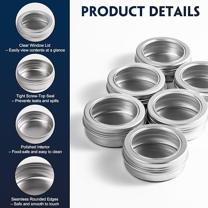 24 Pack 2 Ounce Screw Top Aluminum Tin Jar with Screw Clear Lid and Blank Labels, Refillable 60ml Metal Containers for Lip Balms, Candles, Salves, Spices, Crafts (Silver)
