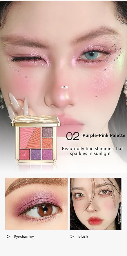 All-in-One Eyeshadow Palette, 7 Colors Eye Shadow Palette, Glitter, Matte, Shimmer Eyeshadows, Blush, Highlighter Contour Makeup Palettes, Highly Pigmented Waterproof Long Lasting. (Color 2)