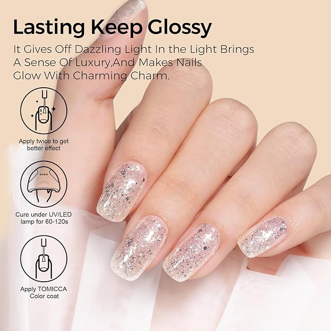 TOMICCA Glitter Gel Polish, 15ml Silver Sparkle Clear Gel Nails Polish, Soak Off UV LED Cure Needed Transparent Shimmer Nail Art Manicure French Salon Gifts For Woman