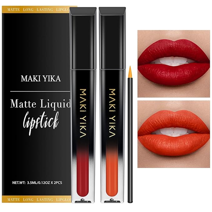 MAKI YIKA 2Pcs Matte Liquid Lipstick Set MVP Red Orange Lipstick Long Lasting Smudgeproof Transfer Proof Lip Makeup, MVPRed/OrangeRed