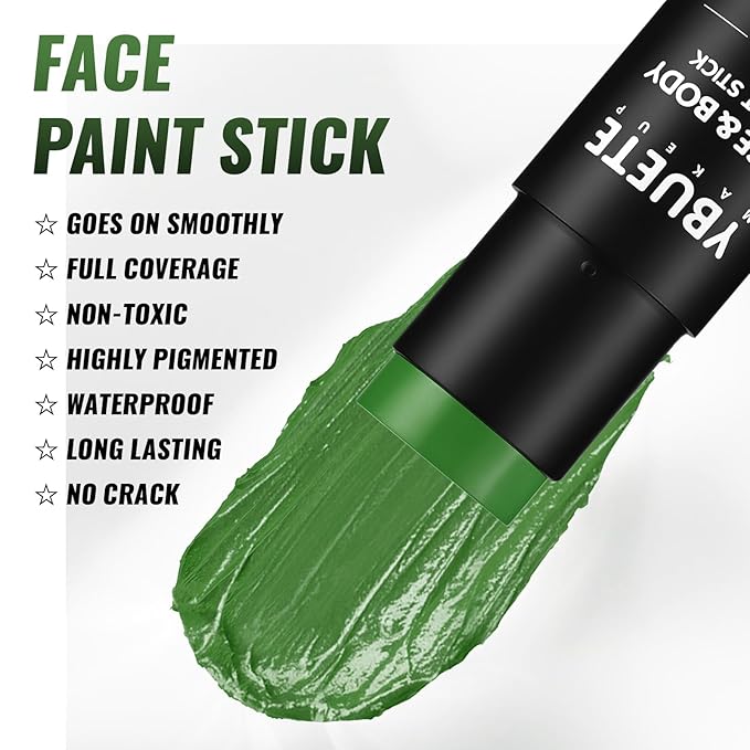 Green Oil Based Face Body Paint Stick, Non-toxic Full coverage Face Painting for Halloween Cosplay Makeup Hulk Witch Monster Joker, Waterproof Cream Green Body Paint for Adults Costumes Party