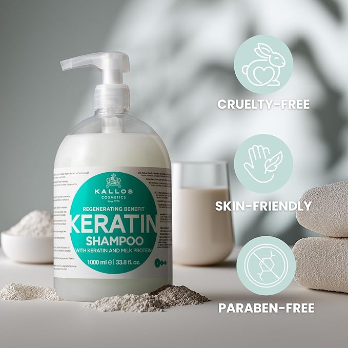 Kallos KJMN Keratin Regenerating Shampoo with keratin and milk protein for dry, damaged and chemically treated hair – Pump 1000 ml - 33,81 Fl Oz