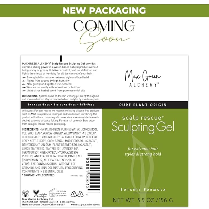Max Green Alchemy MGA Vegan Sculpting Hair Gel Tube - Extreme Styling Hair Gel for Women & Men | Organic Formula of Styling Products Provide Strong Hold & Lasting Control | Color Safe | 5.5 Ounces