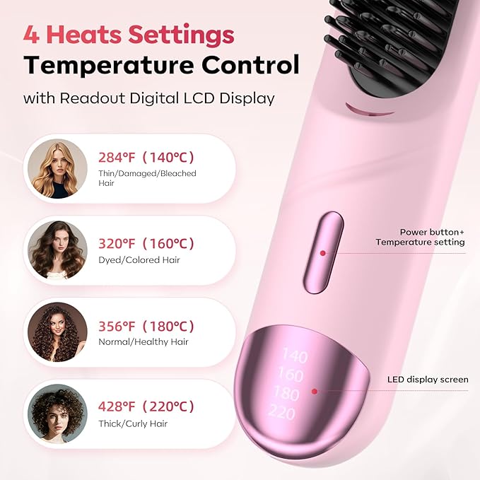 Go Brush Pro 2026 Hair Straightener Brush 300 Million Negative Ionic Portable Hair Straightener Comb for Women with 4 Temps Fast Heating MCH Ceramic Coating Smooth Frizz Hair Light Pink